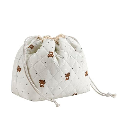 Cotton Quilted Drawstring Makeup Bag with Canvas Lining,Coquette Aesthetic Cute Travel Toiletry Bag,Drawstring Gift Bag for Women and Girls（15Dot Bear） - color: 15Dot Bear