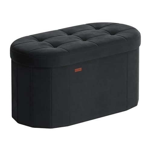 SONGMICS Mazie Collection - Folding Ottoman with Storage, Oval Storage Ottoman Bench, for Living Room, Bedroom, Velvet Fabric, 15 x 30 x 15 Inches, Ink Black ULSF267BH01 - color: Ink Black, size: 15"D x 30"W x 15"H