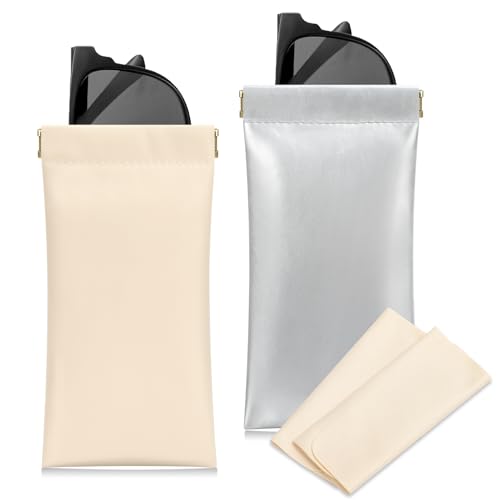 Sightor Sunglass Case, 2 Pcs Soft Eyeglass Cases for Women Portable Squeeze Top Leather Glasses Pouch - color: Beige, Sliver