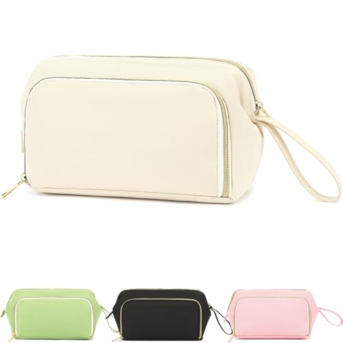 Fammart Travel Makeup Bag, Wide-open Cosmetic Bag Make Up Organizer Case with Brushes Pocket for Women, Large Family Toiletry Bag Skincare Pouch for Toiletries Accessories - color: Oxford - Beige