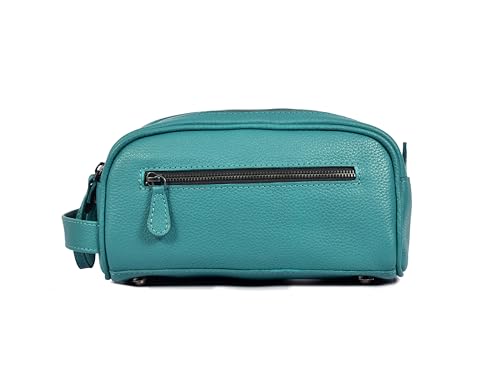 10" Premium Leather Toiletry Travel Pouch With Waterproof Lining | King-Size Handcrafted Vintage Dopp kit By Aaron Leather Goods (Steel Blue) - color: Steel Blue