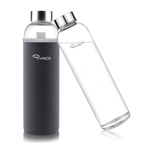 Ryaco Borosilicate Glass Water Bottle 33oz/1L/1000ml BPA-Free Leak Proof Ideal for School Home Office Travel Sport Yoga Gym Hot Cold Drinks with Portable Neoprene Carrying Sleeve and Sponge Brush - color: Dark Gray