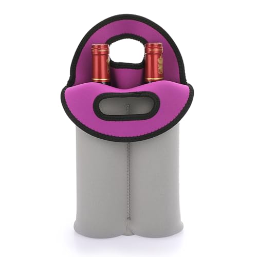 Hipiwe 2 Bottle Wine Tote Carrier Bag With Handle - Neoprene Insulated Holder for Water Bottles, Beer, Drinks - Protective Travel Picnic Carrier - style: Grey + Purple