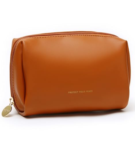 Aveniee Small Travel Makeup Bag, Vegan Leather Cosmetic Pouch for Purse,Wide-open Toiletry Organizer with Dividers & Zipper, Beauty Storage for Women-Brown - color: Brown, size: Small