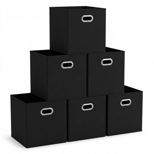 Household Essentials Foldable Fabric Storage Bins 6 Piece Set, Strong Poly-Woven Fabric, Sturdy Chipboard Sides, Grommet Front Handle, Stackable, Classic Design, Black - color: Black, size: 11” L x 11” W x 11” H