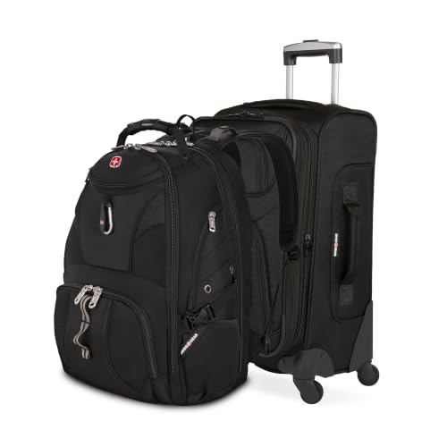 SWISSGEAR Sion 2-Piece Travel Set, Softside Expandable Carry-On Spinner Bundled with 1900 ScanSmart 17" Laptop Backpack with RFID Blocking & Tech Organization, Black - color: Black, size: 2-Piece Set (Carry-On/Backpack)