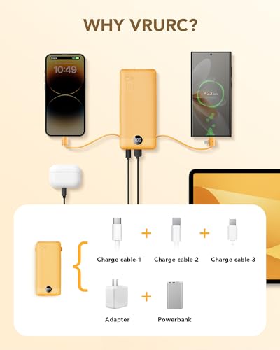 VRURC Portable Charger Built-in Cables and AC Wall Plug, USB C Power Bank 10000mAh, Travel Battery Phone Charger Compact Lightweight External Battery Pack for Smart Phones, Tablets etc-Orange - color: Orange