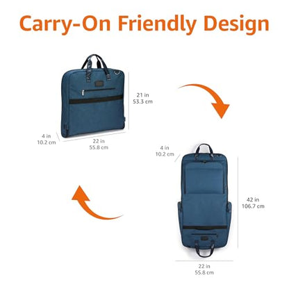 Amazon Basics Carry-On Garment Bag for Travel and Business Trips with Detachable Shoulder Strap, Hanging Suit Luggage, Wrinkle Free Cover for Suits Dresses Coats, Foldable with Shoe Compartment, Navy - color: Navy