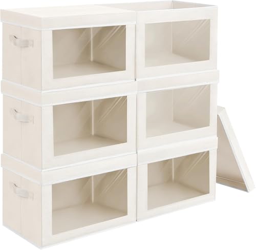 Homsorout Stackable Storage Bins with Lids - Medium Storage Box with Lids, Foldable Closet Boxes for Organizing, Wardrobe Clothes Organizer with Window, Fabric Bins for Living Room, 6 Pack, Beige - color: Beige, size: L(6-Pack)