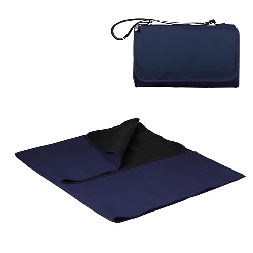 PICNIC TIME Outdoor Picnic Blanket Tote, 59"x51" Foldable Beach & Camping Blanket with Soft Fleece, Water-Resistant Bottom, Adjustable Strap & Zippered Pocket (Navy Blue with Blue Flap) - color: Navy