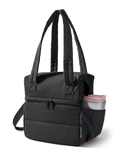 BAGSMART Double Deck Lunch Bag Women, Insulated Reusable Lunch Box, Quilted Puffer Lunch Tote with Shoulder Strap, Durable Large Lunch Cooler For Work Picnic Travel Meal Prep Flight, Black - color: Black