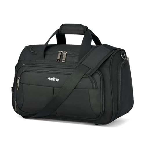 HanTrip Carry on Duffel Bag Foldable Duffle Bags for Travel, Under Seat Personal Item Bags for Airplanes, Weekender Overnight Mens Travel Tote Bag for Women Small Softside Carry on Luggage (Black) - color: Black, size: Carry-on 16.5-Inch