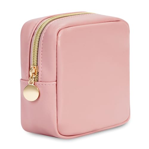 Wandering Nature Small Makeup Bag for Purse Mini Make up Pouch Cute Cosmetic Pouch for Women with Slip-in Pockets Matte Leather, Pink - color: Pink