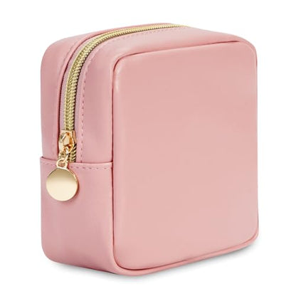 Wandering Nature Small Makeup Bag for Purse Mini Make up Pouch Cute Cosmetic Pouch for Women with Slip-in Pockets Matte Leather, Pink - color: Pink