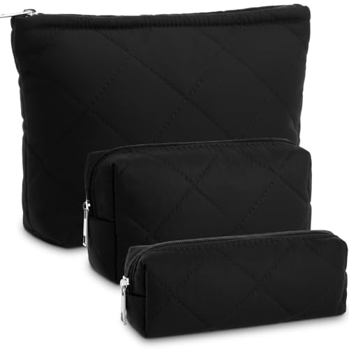 Paterr 3 Pcs Quilted Makeup Bag Set Back to School Favor Small Bridesmaid Cosmetic Bag Aesthetic Travel Pouch Cute Purse Pencil Case Makeup Storage Organizer for Women Birthday Gift(Cotton,Black) - color: Black
