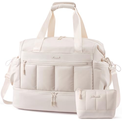 LOVEVOOK Travel Duffel Bag, Gym Bag for Women, Large Weekender Overnight Bags with Shoe Compartment, 38L Carry on Gym Hospital Bag with Wet Pocket, 2 Pcs - color: Beige, size: Large-2 Pcs