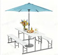 VINGLI Folding Picnic Table and Bench Set with Umbrella, Portable Outdoor Dining Furniture for Camping, Patio, Backyard, Wood Grain Plastic Top with Metal Frame with Light Blue Umbrella - color: White, style: With Light Blue Umbrella