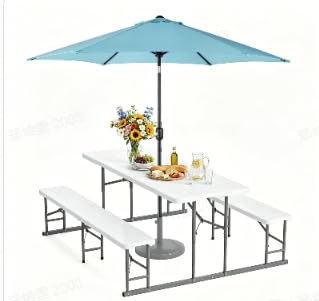 VINGLI Folding Picnic Table and Bench Set with Umbrella, Portable Outdoor Dining Furniture for Camping, Patio, Backyard, Wood Grain Plastic Top with Metal Frame with Light Blue Umbrella - color: White, style: With Light Blue Umbrella