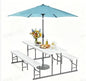 VINGLI Folding Picnic Table and Bench Set with Umbrella, Portable Outdoor Dining Furniture for Camping, Patio, Backyard, Wood Grain Plastic Top with Metal Frame with Light Blue Umbrella - color: White, style: With Light Blue Umbrella
