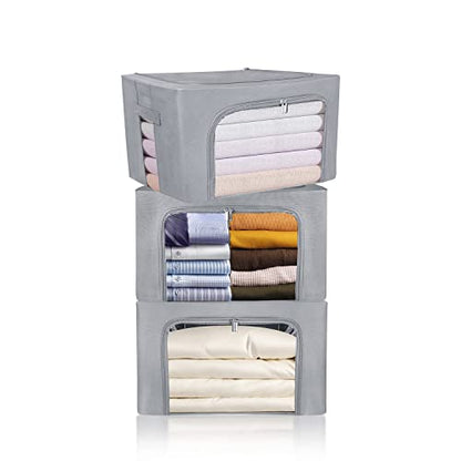 Clothes Storage Box Bins Stackable Foldable Organizer,Sturdy Handles with Metal Frame for Clothing Bedding Shelves,Closet Container with Clear Window Zipper and Label Holder (Gray, 66L x3 Pack) - color: Gray, 66L x3 Pack