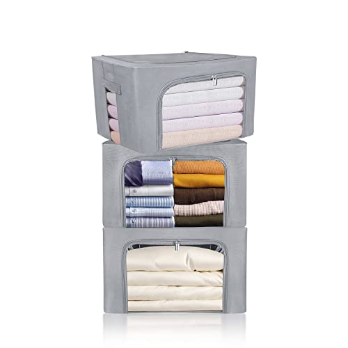 Clothes Storage Box Bins Stackable Foldable Organizer,Sturdy Handles with Metal Frame for Clothing Bedding Shelves,Closet Container with Clear Window Zipper and Label Holder (Gray, 66L x3 Pack) - color: Gray, 66L x3 Pack