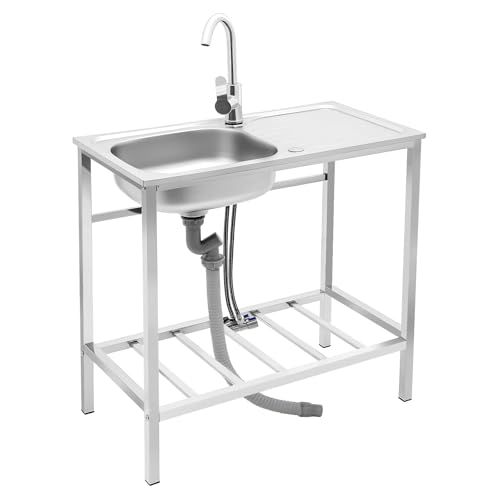 Outdoor Utility Sink,Free Standing Stainless Steel Laundry Tub, Single Bowl Portable Washing Hand Basin Station,with Cleaning Table&Storage Shelves for Garage, Restaurant, Kitchen,Camping, Backyard