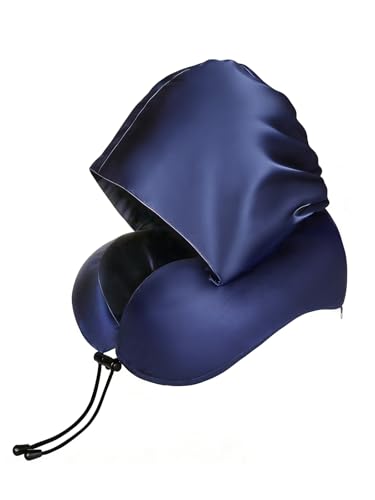 Satin Neck Pillow with Hood Pixie Pillows for Short Hair Sleep Travel Airplane Memory Foam Long Flight Plane Essentials Blue - color: Blue