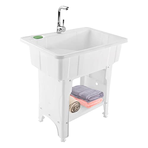 Laundry Sink, Freestanding Plastic Laundry Sink With Washboard Utility Sink Laundry Tub Indoor and Outdoor Utility Sink with Faucet Hoses Drain Kit for Laundry Room Washing Room Garden Garage - color: 31.5*22.05*31.5in -White