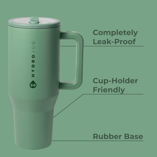 HydroJug Traveler - 40 oz Water Bottle with Handle & Flip Straw - Fits in Cup Holder, Leak Resistant Tumbler-Reusable Insulated Stainless Steel & Rubber Base - Gifts for Women & Men, Sage - color: Sage, size: 40oz