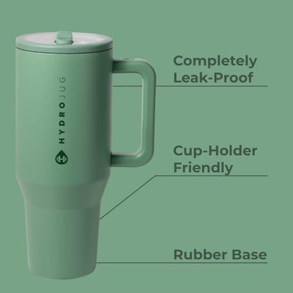 HydroJug Traveler - 40 oz Water Bottle with Handle & Flip Straw - Fits in Cup Holder, Leak Resistant Tumbler-Reusable Insulated Stainless Steel & Rubber Base - Gifts for Women & Men, Sage - color: Sage, size: 40oz
