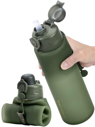 TakeToday Collapsible Water Bottles 32oz, Foldable Travel Bottle, TSA-Approved Leakproof Newly Silicone Water Bottle for Hiking, Travel, Outdoors, Green - color: Green