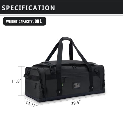 Large Duffle Bag for Travel - Men & Women, Foldable Gym Duffle Backpack, Heavy Duty Tactical Military Canvas Duffel Bags, Extra Big Carry On with Shoe Pockets, Waterproof (80L/103L) - color: Black, size: M(80L)