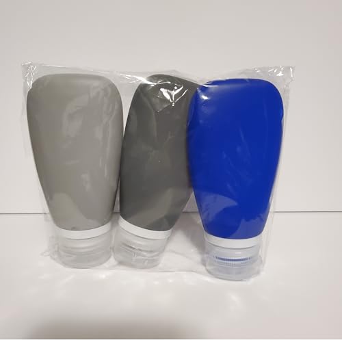 Leak Proof Silicone (Soft) Refillable Bottles 3oz-90 ml Travel Squeeze Bottles for Toiletries, TSA Size Containers for Lotions, Shampoos, Soaps, Sanitizer (3-Pack) Men or Women - color: Black-Gray-Blue
