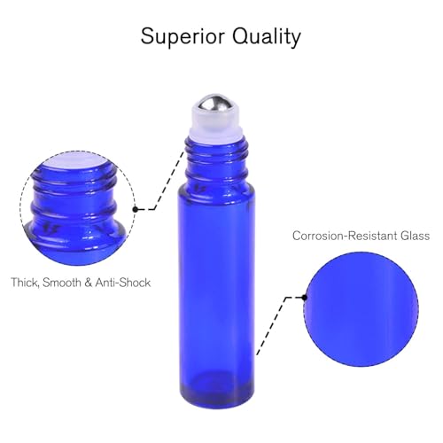 PrettyCare Roller Bottles For Oils 10 ml (Blue Glass, 24 Pack, 2 Extra Stainless Steel Balls, 2 droppers, 1 small brush, 24 Labels, 1 Opener, 1 Funnels Essential Oil Roller Bottles, Roller on Bottles - color: Blue with Black Cap, size: 24 Pack
