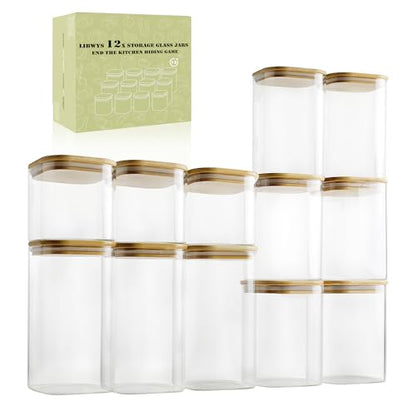 LIBWYS 12-Pack Glass Pantry Storage Containers with Bamboo Lids (0.76Qt/1.22Qt/1.67Qt) - Stackable Square Food Jars for Pantry Organization, Coffee, Flour, Snacks, Tea | Kitchen Canisters Set