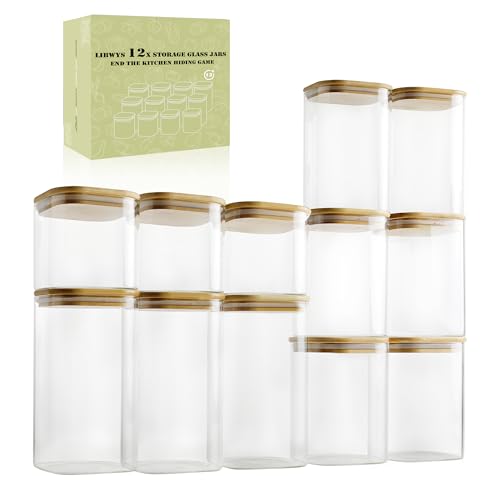 LIBWYS 12-Pack Glass Pantry Storage Containers with Bamboo Lids (0.76Qt/1.22Qt/1.67Qt) - Stackable Square Food Jars for Pantry Organization, Coffee, Flour, Snacks, Tea | Kitchen Canisters Set