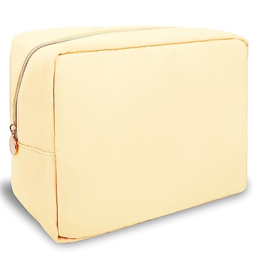 Nylon Large Makeup Bag Travel Pouch for Women, Preppy Big Makeup Bag Cute Cosmetic Zipper Pouch Purse, DIY Chenille Letter Bag Waterproof Toiletry Bag Clutch Makeup Organizer for Girls (Beige) - color: Beige, size: Large
