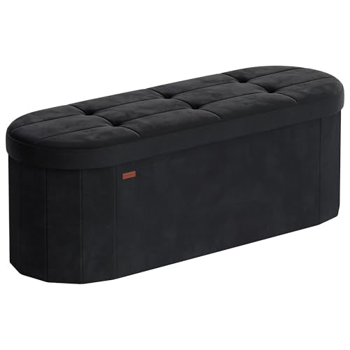 SONGMICS Mazie Collection - Folding Ottoman with Storage, Oval Storage Ottoman Bench, for Living Room, Bedroom, Velvet Fabric, 15 x 43 x 15 Inches, Ink Black ULSF297BH01 - color: Ink Black, size: 15"D x 43"W x 15"H