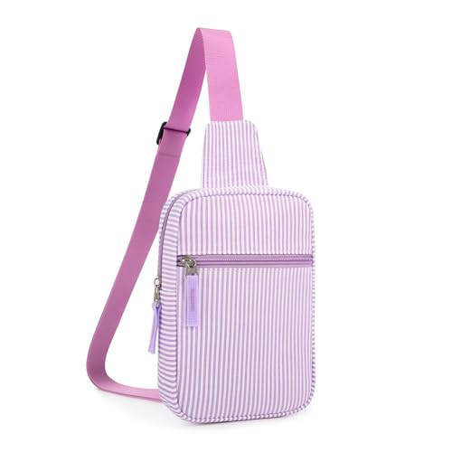 Birthday Gifts for 8 9 10 11 12 Year Old Teens Girls Kids, Fanny Pack Crossbody Bag Sling Belt Bags Purse, Dorm Travel Essentials for Girls Fashion, Preppy Tween Teen Girl Gift Trendy Stuff - color: Purple Stripes
