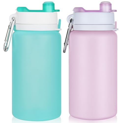 PLTCAT Collapsible Water Bottle, 19oz Foldable Bottle BPA Free Reusable Lightweight Leak-Proof Travel Silicone Water Bottle for Travel, Gym, Hiking, Office, Camping - color: Green and Taro Purple