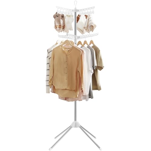 SONGMICS 2-Tier Clothes Drying Rack, 72-Inch Folding Laundry Drying Rack with 3 Rotatable Arms for Hangers, 24 Clips, Stainless Steel, for 27 Pieces of Clothes, White and Silver ULLR512W01 - color: White + Silver, style: 2-Tier-Clip