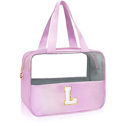 Personalized Initial L Clear Purple Makeup Bag - Large Travel Toiletry Bag, Cute Cosmetic Organizer Set for Girlfriend, Teacher, Teen Girl Gifts - color: Purple, style: L