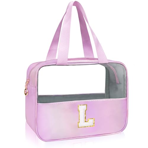 Personalized Initial L Clear Purple Makeup Bag - Large Travel Toiletry Bag, Cute Cosmetic Organizer Set for Girlfriend, Teacher, Teen Girl Gifts - color: Purple, style: L