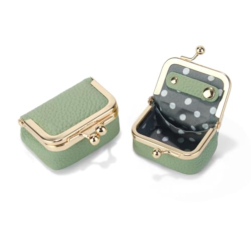 Genuine Leather Mini Jewelry Box Coin Purse for Women,Solid Color Kiss Lock Jewelry Case Organizer,Mini Travel Ring Box - color: Green