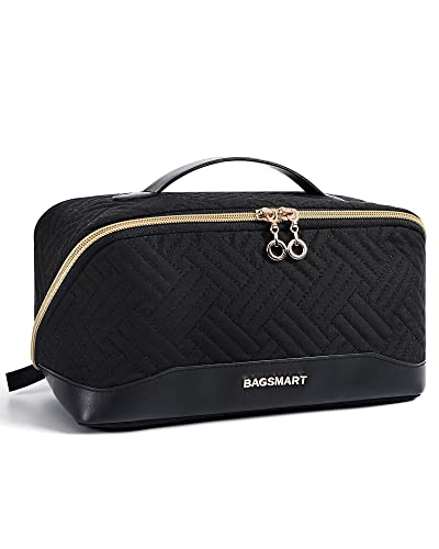 BAGSMART Makeup Bag Cosmetic Bag, Travel Makeup Bag,Water-resistent Makeup Bags for Women Portable Pouch Open Flat Make Up Organizer Bag for Toiletries, Brushes Black - color: Black