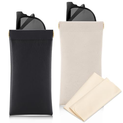 Sightor Sunglass Case, 2 Pcs Soft Eyeglass Cases for Women Portable Squeeze Top Leather Glasses Pouch - color: Black, Beige