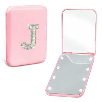 Preppy Birthday Gifts for 12 13 14 15 16 Year Old Girls, Cute Pearl Initial Compact Mirror with Lights Pink Small LED Pocket Makeup Mirror Teen Girls Trendy Stuff Travel Essentials (J) - color: J