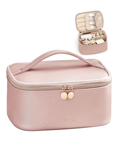 Prite Makeup Bag, Large Capacity Cosmetic Bag for Women and Girls, Waterproof PU Leather Travel Makeup Case, Toiletry Organizer with Handle and Divider for Skincare and Brushes - Pearl Pink - color: Pearl Pink