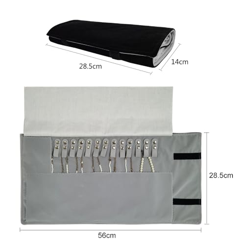 Velet Travel Jewelry Case Roll Bag Organizer for Necklace Bracelet Black Gray Velvet (Black Gray) - color: Black Gray