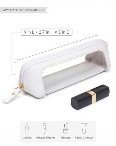 LETGO Clear Makeup Brush Bag Pouch, Waterproof PU Leather Portable Makeup Bag Holder with Transparent Window, Travel Lipstick Case Pouch Car Organizer and Storage (Slim, Beige) - color: Beige, style: Slim